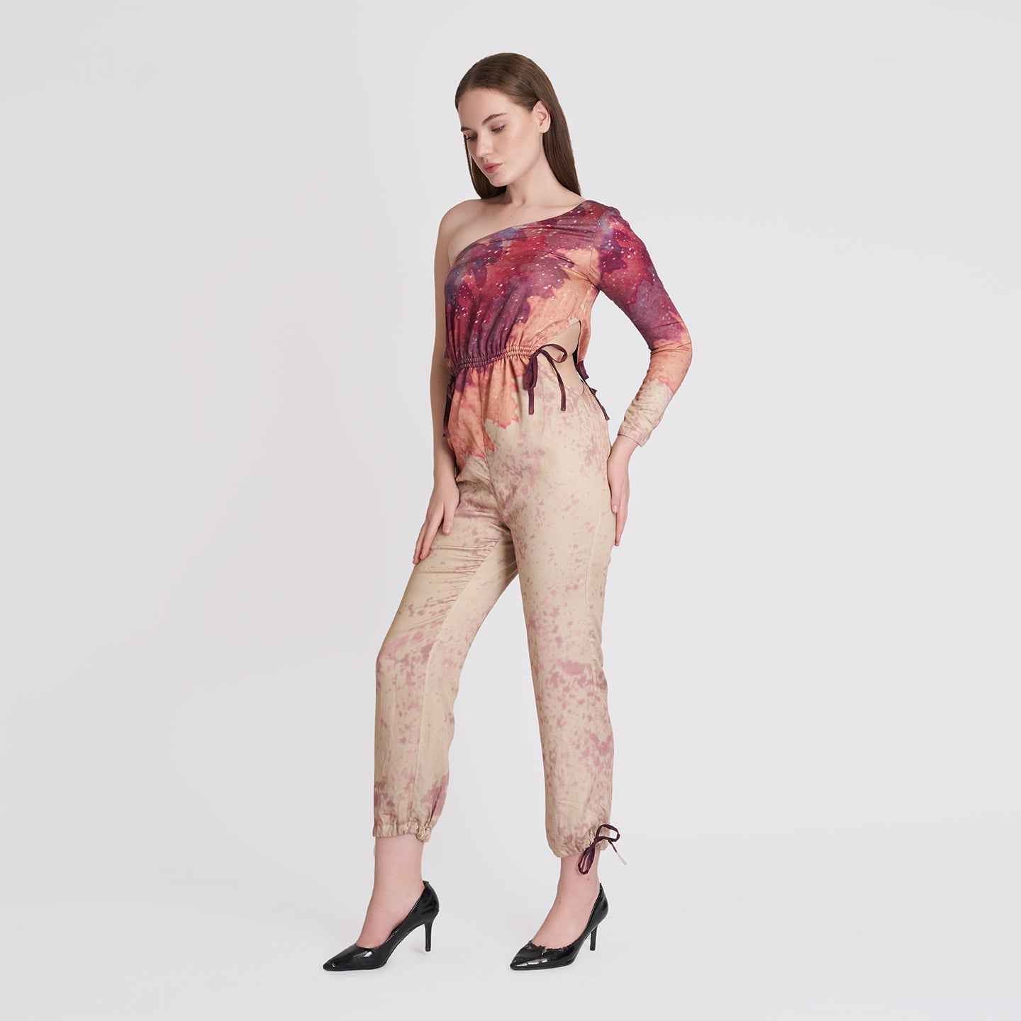 ORGANIC ONE SHOULDER BEIGE LONG JUMPSUIT