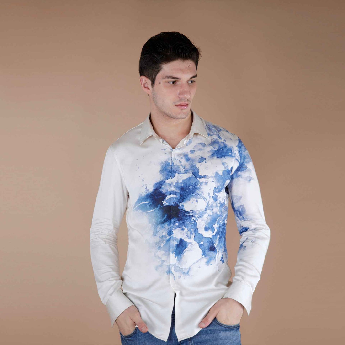 ORGANIC LOTUS FABRIC CREAM AND BLUE PRINTED SHIRT