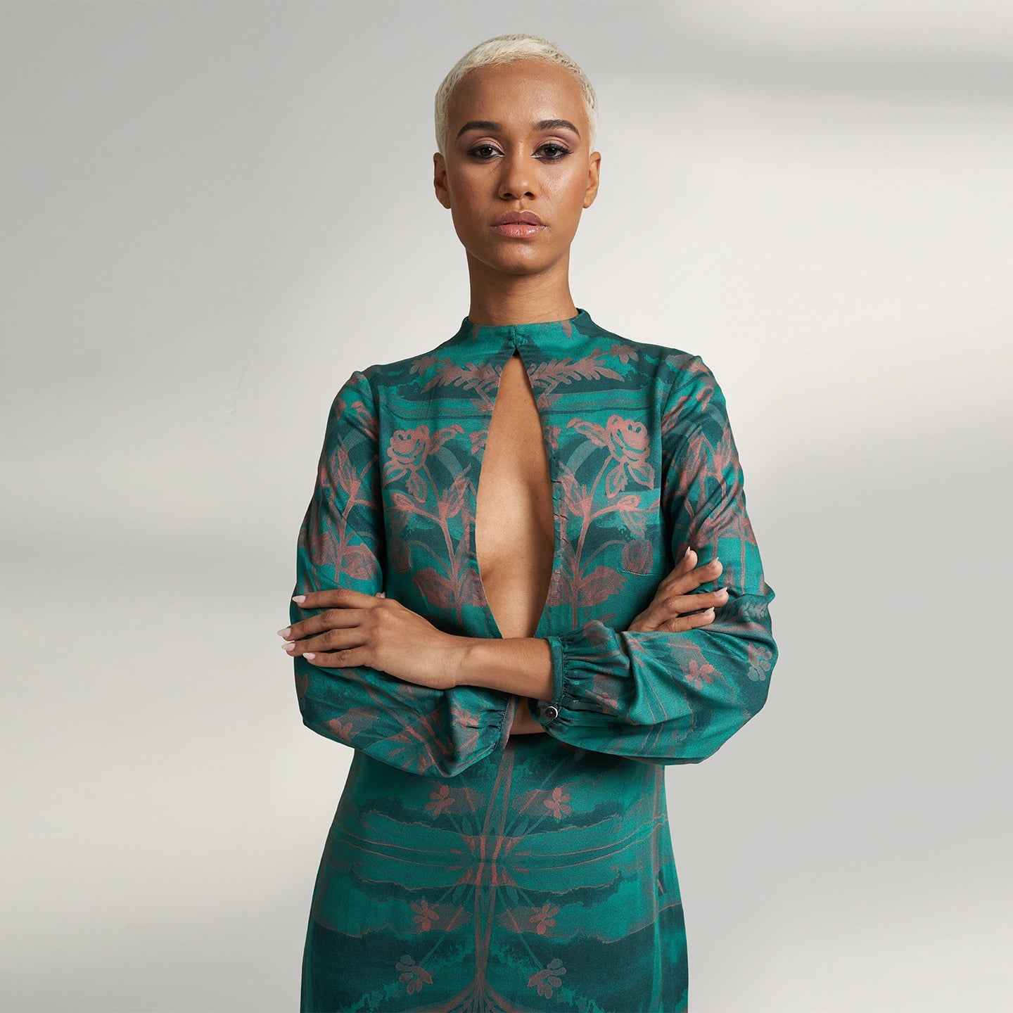 ORGANIC LOTUS FABRIC SHORT GREEN PEACH COCKTAIL DRESS