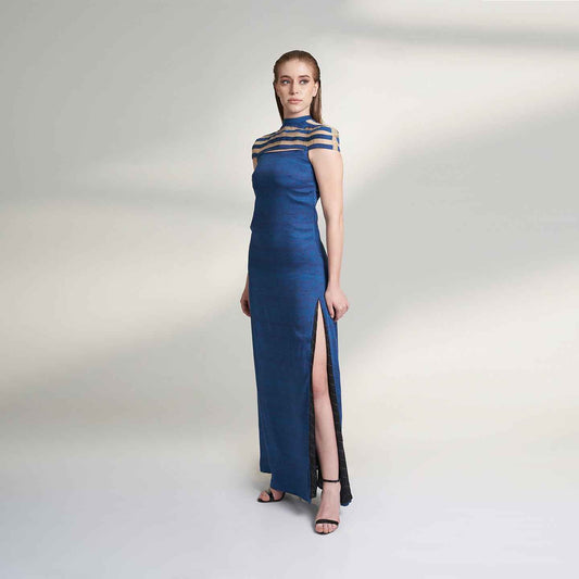 ORGANIC LOTUS FABRIC LONG BLUE COCKTAIL DRESS