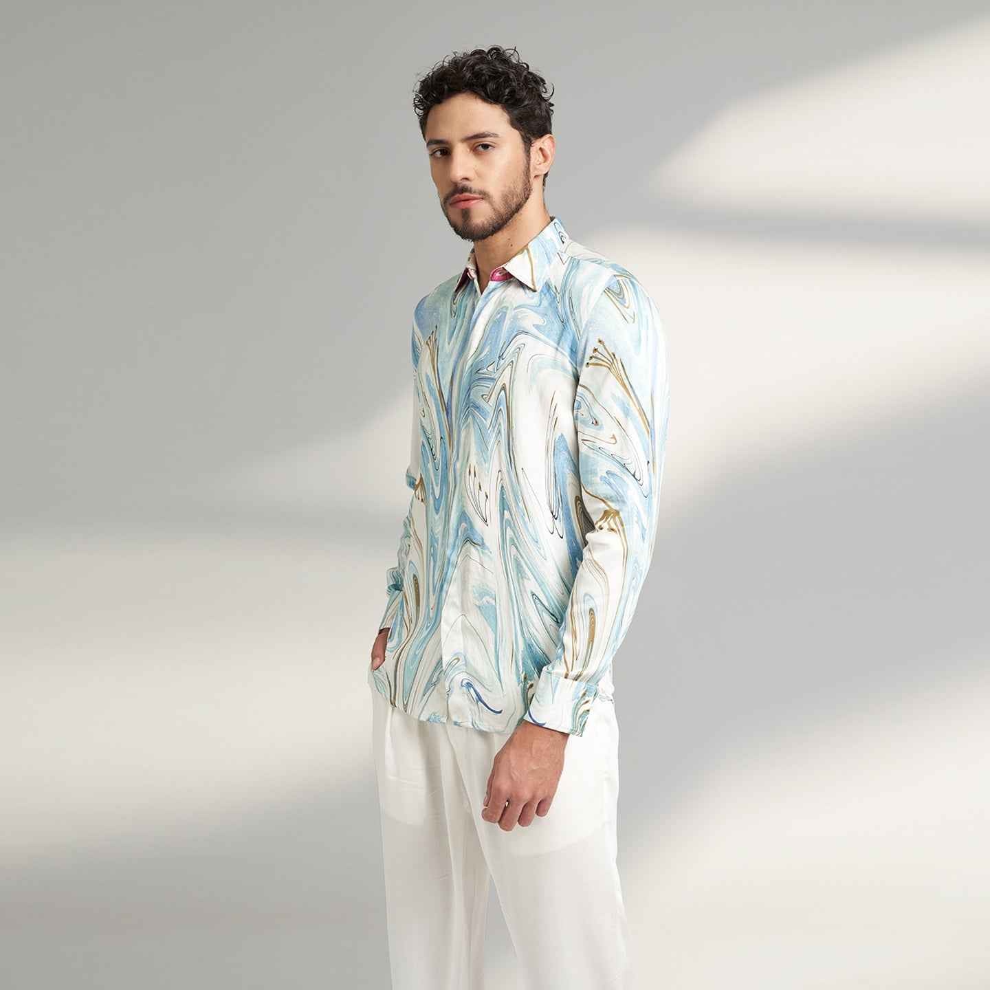 ORGANIC LOTUS FABRIC BLUE AND WHITE DESIGNER SHIRT