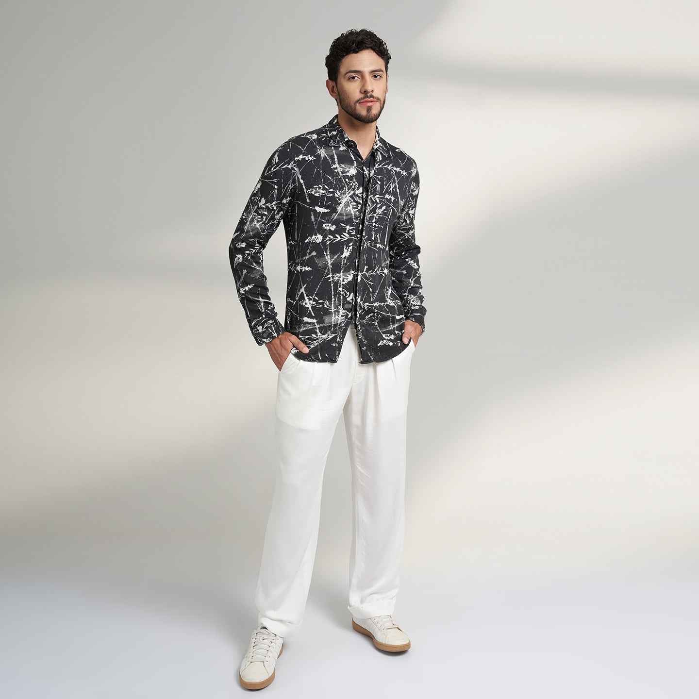 ORGANIC LOTUS FABRIC LEAFY BLACK AND WHITE DESIGNER SHIRT