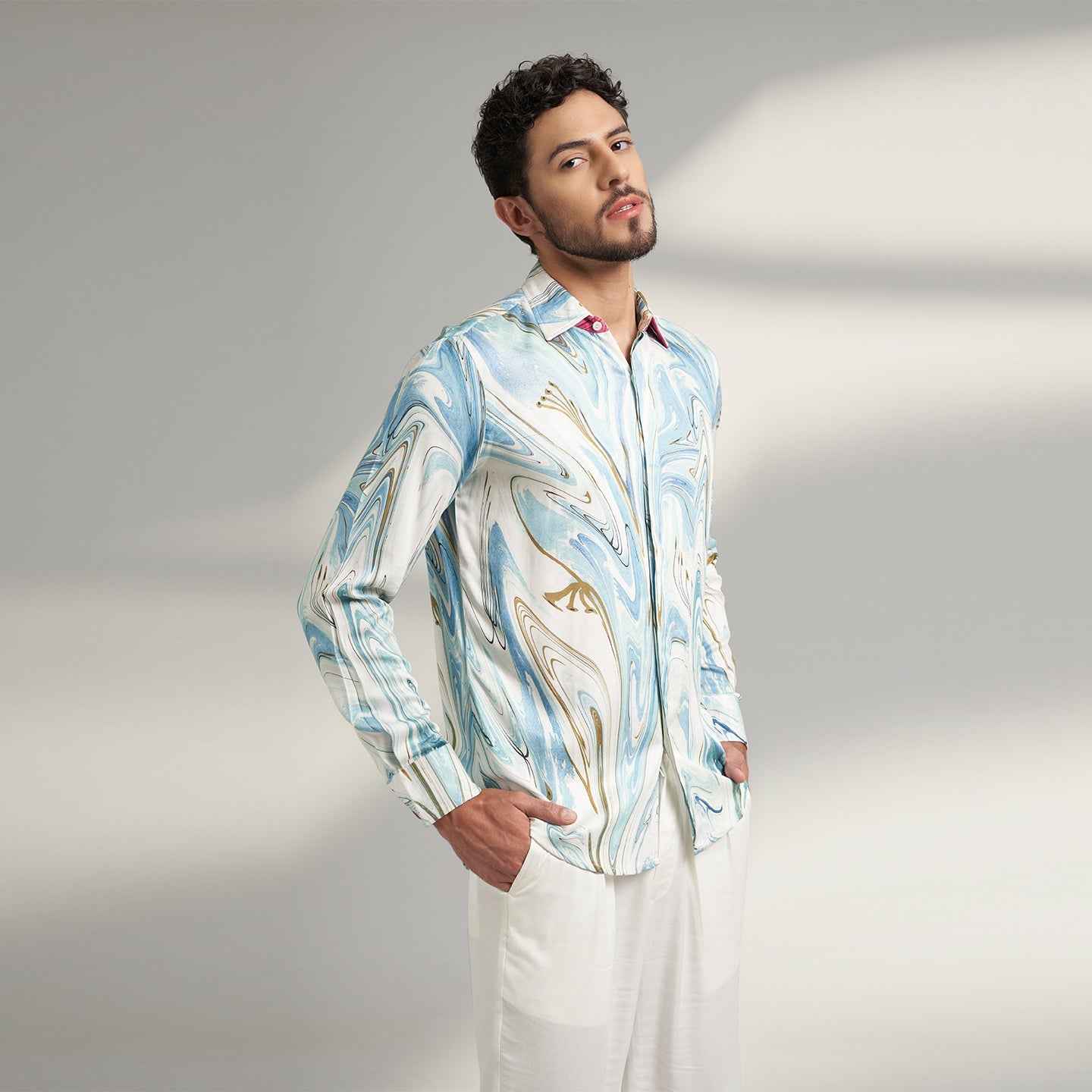 ORGANIC LOTUS FABRIC BLUE AND WHITE DESIGNER SHIRT