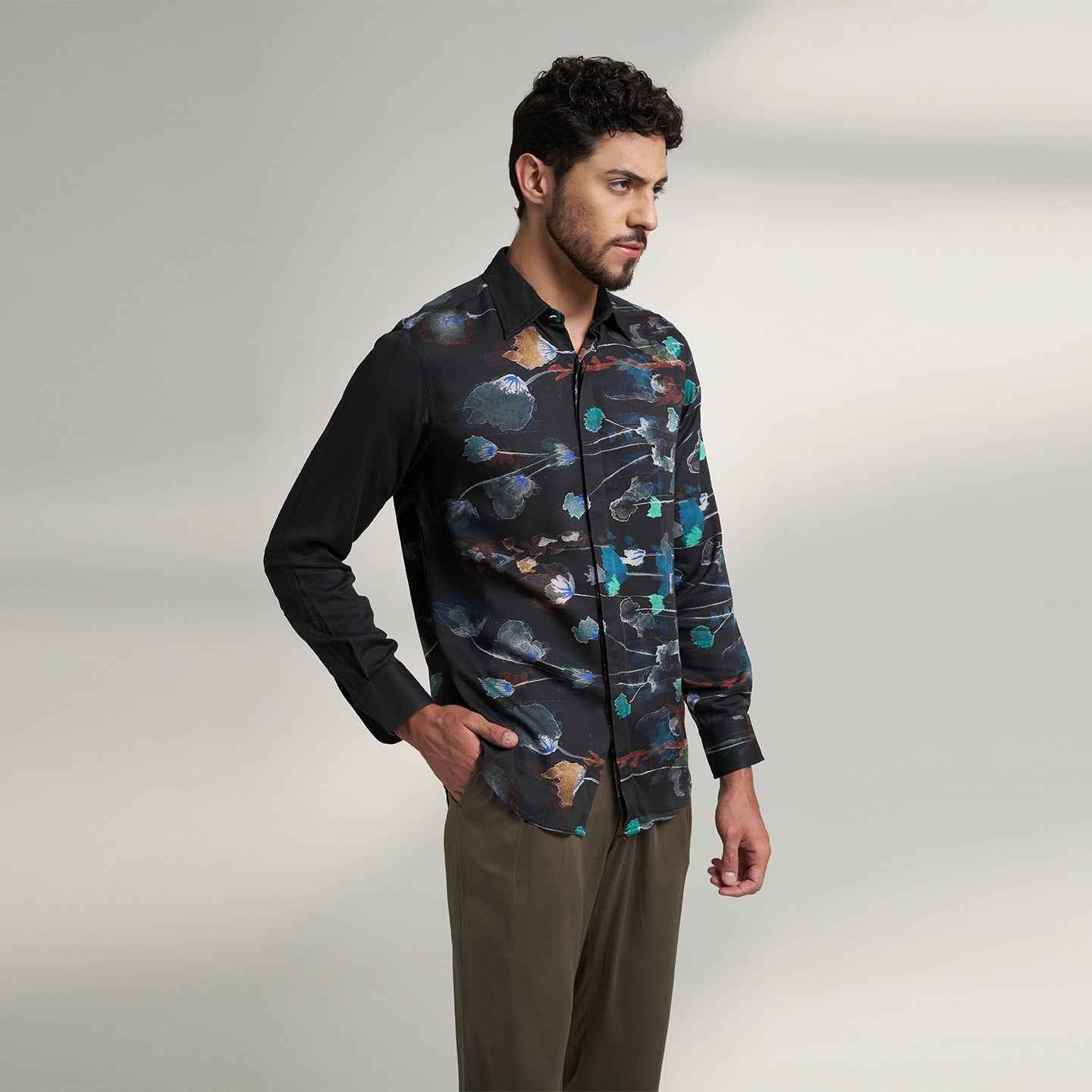 ORGANIC LOTUS FABRIC BLACK FLORAL SHIRT
