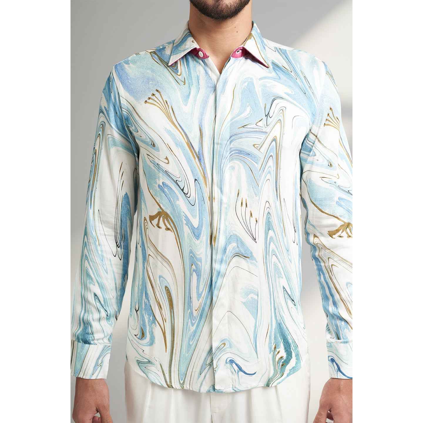 ORGANIC LOTUS FABRIC BLUE AND WHITE DESIGNER SHIRT