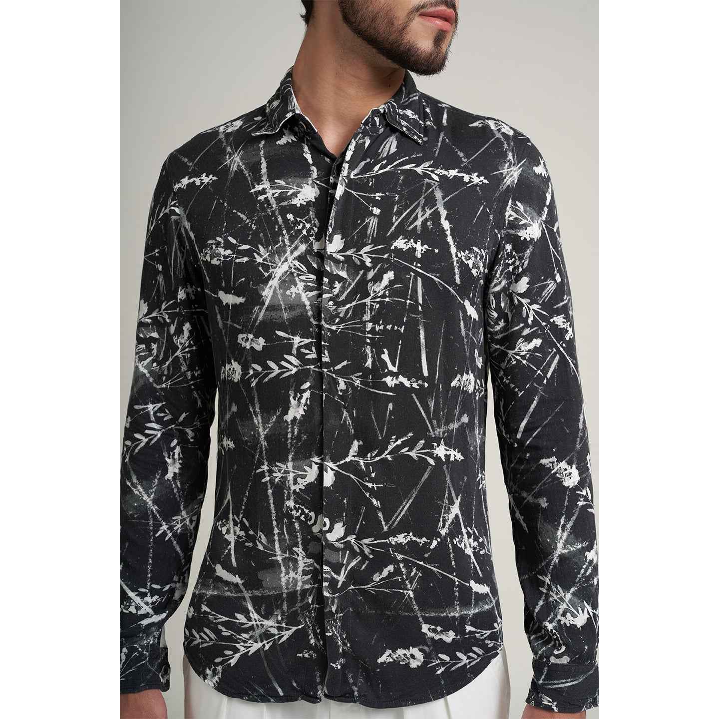 ORGANIC LOTUS FABRIC LEAFY BLACK AND WHITE DESIGNER SHIRT