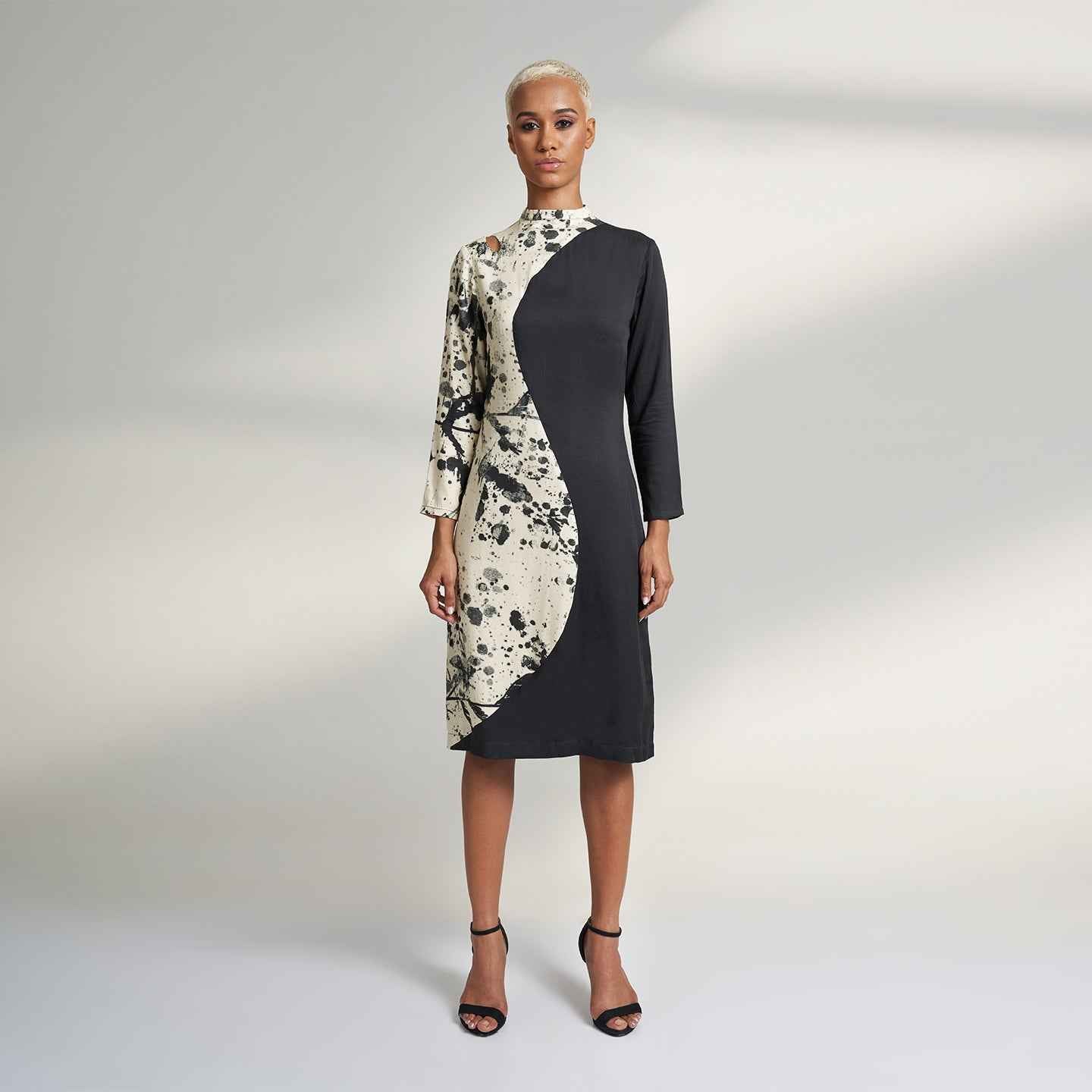 ORGANIC LOTUS FABRIC BLACK MIDI COCKTAIL DRESS