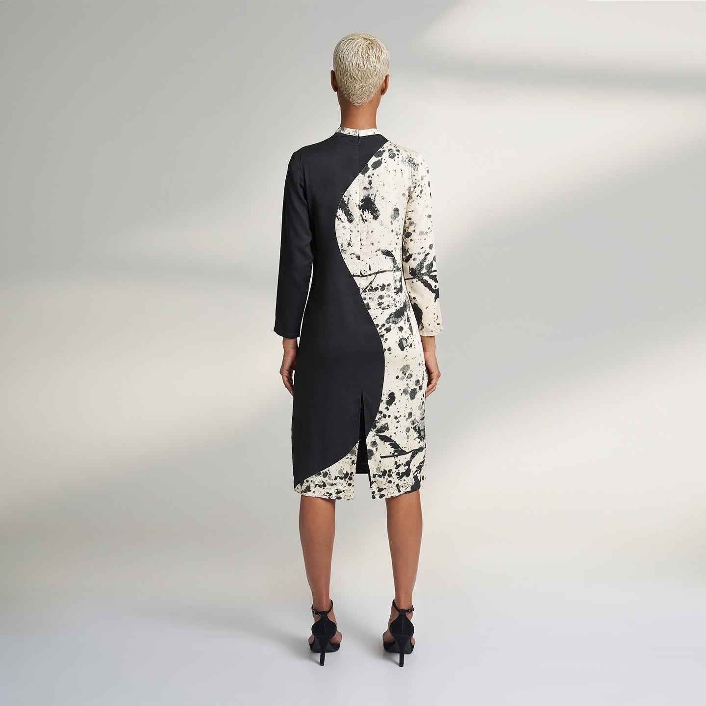 ORGANIC LOTUS FABRIC BLACK MIDI COCKTAIL DRESS