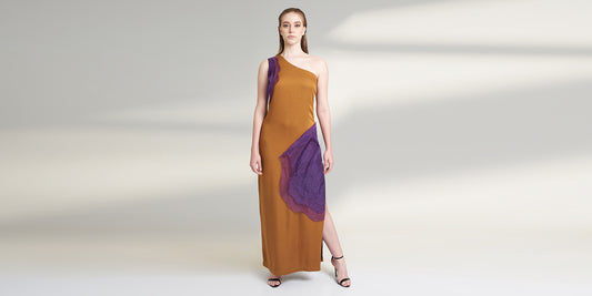 ORGANIC LOTUS SILK LONG MUSTARD AND PURPLE DRESS