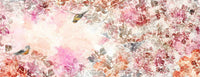 Flat detail of the pink and orange floral watercolor print with bird motifs on the scarf fabric