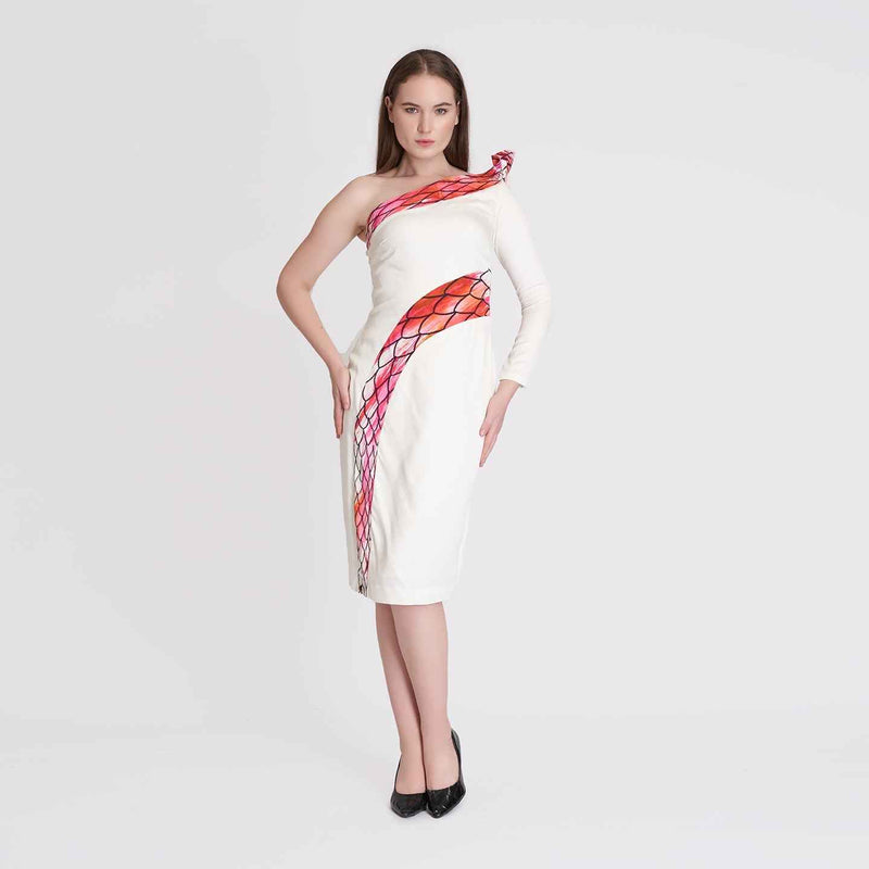 Angled front view of the white dress showing the red snake-print band and ruffle shoulder