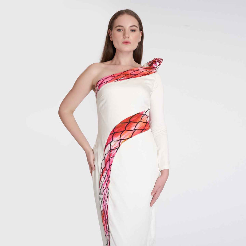 Front view of the white one-shoulder dress with a red snake-print diagonal band