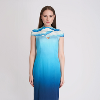 Close-up front view of the ombre blue dress showing the cloud print yoke and neckline detail