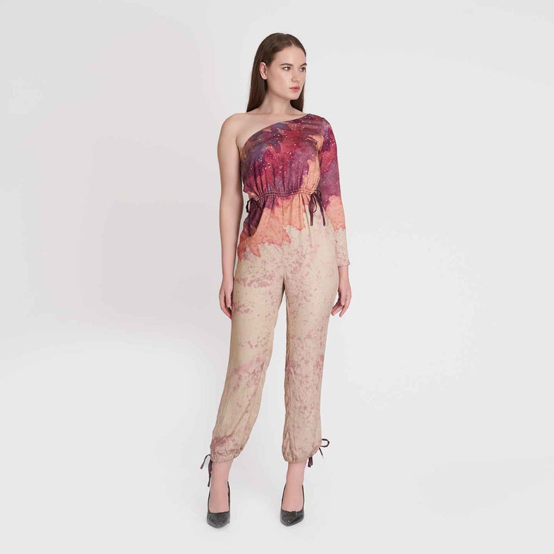 Front view of the one-shoulder ombre jumpsuit, full length