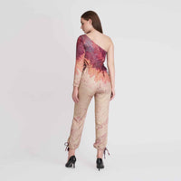 Back view of the one-shoulder ombre jumpsuit, full length