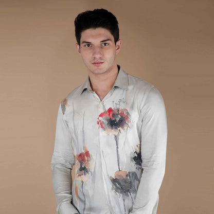 ORGANIC LOTUS FABRIC PRINTED GREY FLORAL SHIRT
