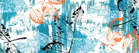 Flat detail of the blue and orange leaf print on the scarf fabric