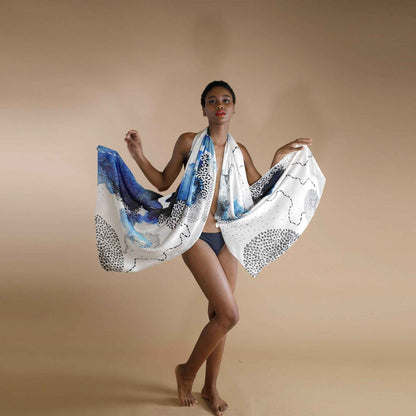BLUE WHITE ORGANIC ROSE PETAL FABRIC SCARF