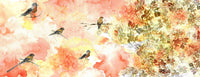 Flat detail of the yellow and orange floral watercolor print with bird motifs on the scarf fabric