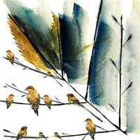 Flat detail of the yellow floral and bird watercolor print on the white scarf fabric