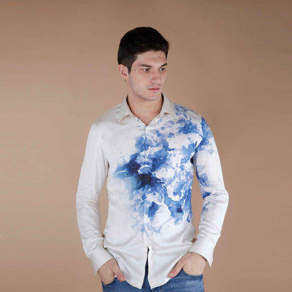 ORGANIC LOTUS FABRIC CREAM AND BLUE PRINTED SHIRT