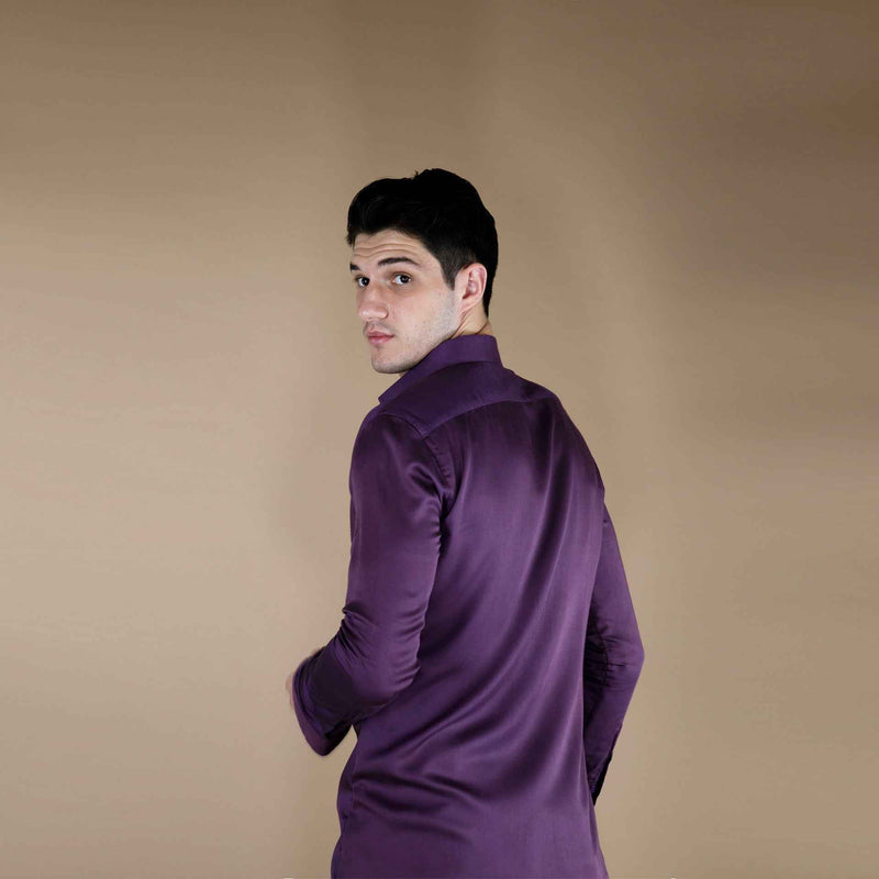 Back view of the solid purple wine silk shirt