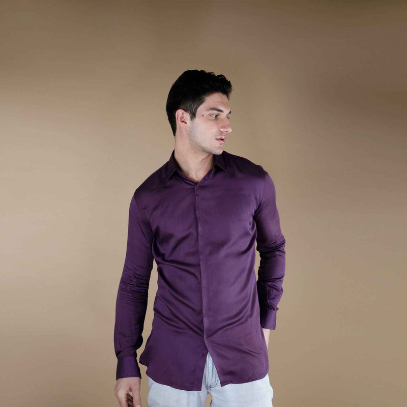 Front view of the solid purple wine silk shirt with white trousers