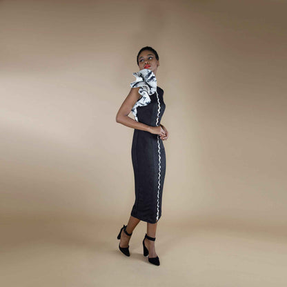 ORGANIC LOTUS STEM FABRIC BLACK FLORAL COCKTAIL DRESS