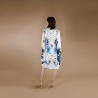 Back view of the blue and white floral kimono topper over the blue slip dress