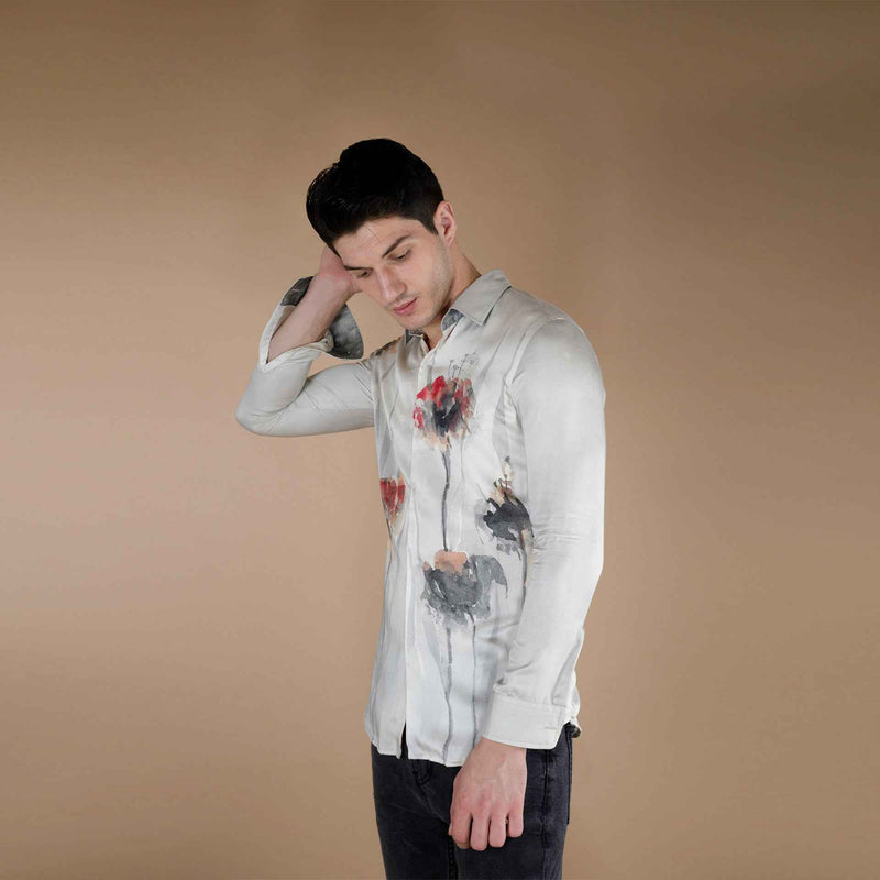 Side view of the grey floral print shirt