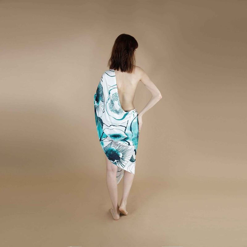 Back view of the teal green floral print scarf wrap dress