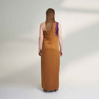 Back view of the long mustard one-shoulder dress