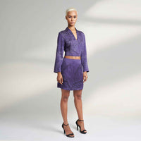Front view of the purple tonal floral print crop top and skirt, full length