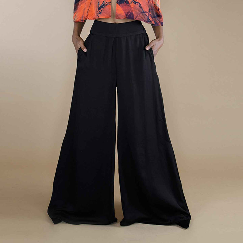 Close-up front view of the black wide-leg palazzo trousers with pocket detail