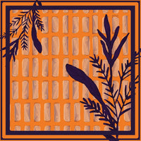 Flat detail of the orange and purple leaf print on the scarf fabric