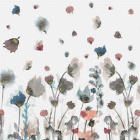 Flat detail of the multicolor floral watercolor print on the white scarf fabric