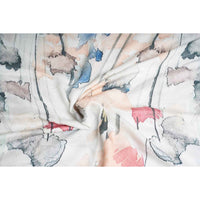 Close-up of the multicolor floral print scarf fabric, gathered