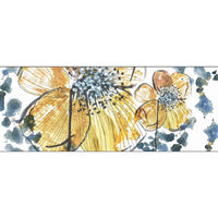 Flat detail of the yellow and blue floral watercolor print on the scarf fabric