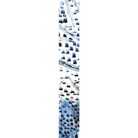Close-up of the blue and navy paint-dab print scarf fabric, cropped