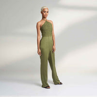 Side view of the olive green wide-leg jumpsuit