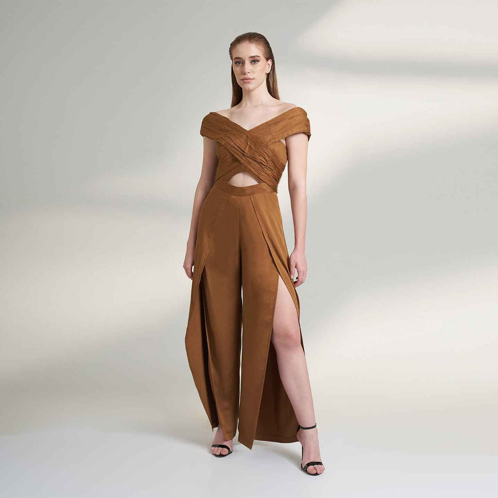 Front view of the camel brown wide-leg jumpsuit with an off-shoulder draped wrap top