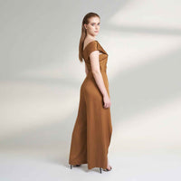 Side back view of the camel brown wide-leg jumpsuit