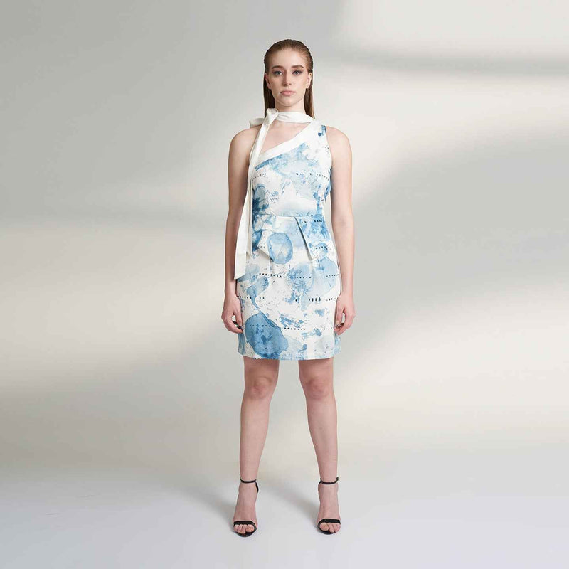 Front view of the blue watercolor print mini dress with an asymmetric neckline