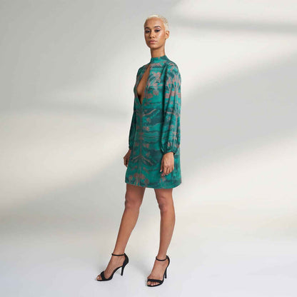 ORGANIC LOTUS FABRIC SHORT GREEN PEACH COCKTAIL DRESS