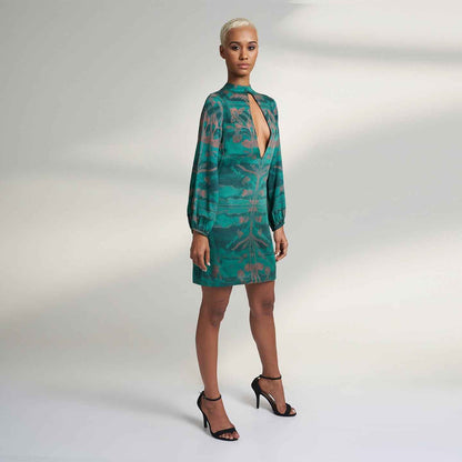 ORGANIC LOTUS FABRIC SHORT GREEN PEACH COCKTAIL DRESS