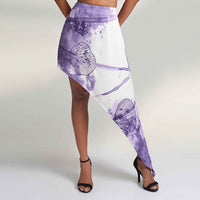 Close-up of the asymmetric purple and white floral print skirt
