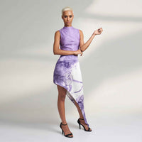 Side view of the pleated lilac purple crop top showing the mock neck detail