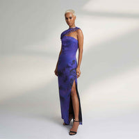 Side view of the long purple tie-dye dress showing the side slit