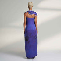 Back view of the long purple tie-dye dress with a one-shoulder lattice trim