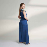Side back view of the long navy blue dress